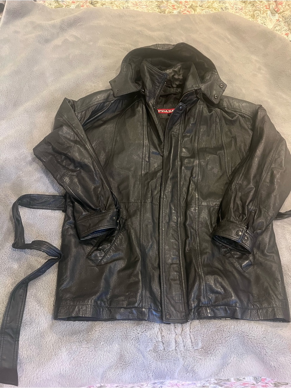 Phase 2 Men's Black Hooded Leather Trench Coat Zip Belted Stand-Up Collar L